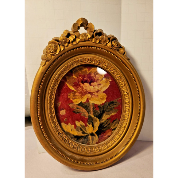 VTG Homco Gold Oval Framed Wall Art Framed Cloth Flower - Picture 1 of 8